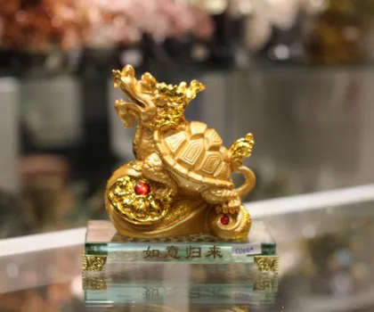 Rùa đầu rồng vàng trên gậy như ý đế thuỷ tinh - Như ý quy lai FC088A