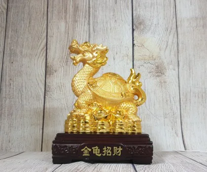 Thần rùa đầu rồng vàng bóng mai cõng bát quái trên đống tiền vàng đế gỗ - Kim Quy Chiêu Tài LN163