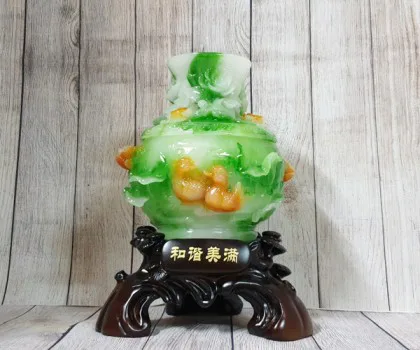 Đế tượng Bình tài lộc xanh ngọc trắng chạm uyên ương sen hồng đế gỗ nghệ thuật lớn - Hoà Hài Mỹ Mãn LN203-1