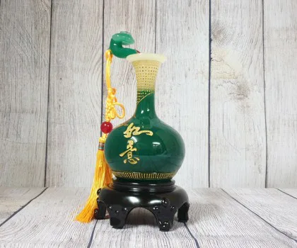 Bình tài lộc xanh ngọc cổ cao có gậy như ý đính hồng châu - Bình An/ Như Ý LN206